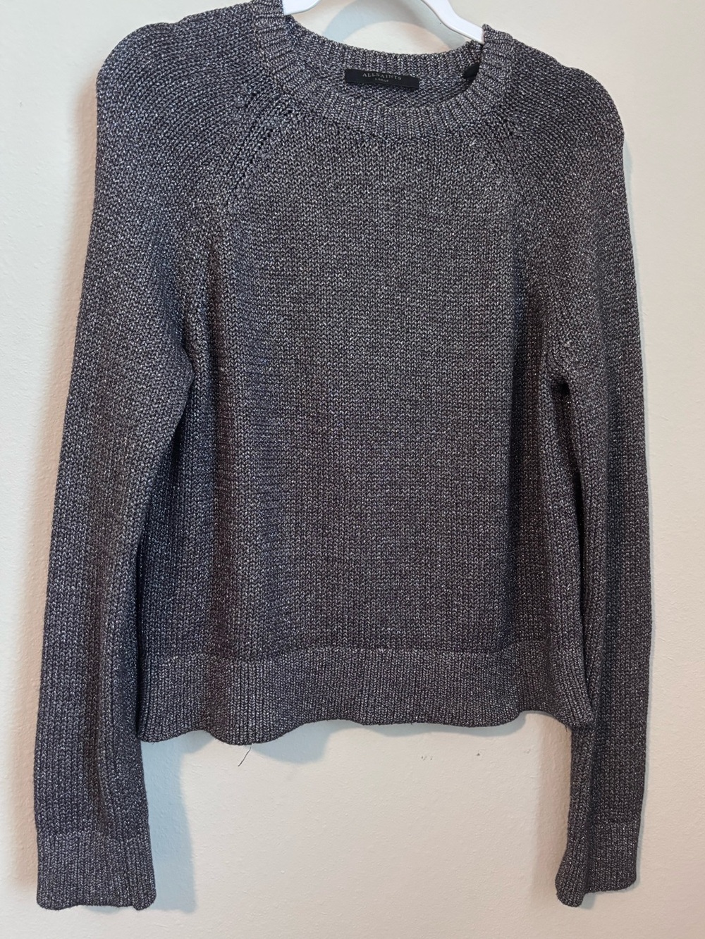 ALL SAINTS Crewneck Knit Sweater Charcoal Gray Shimmer Silver Sparkly Top